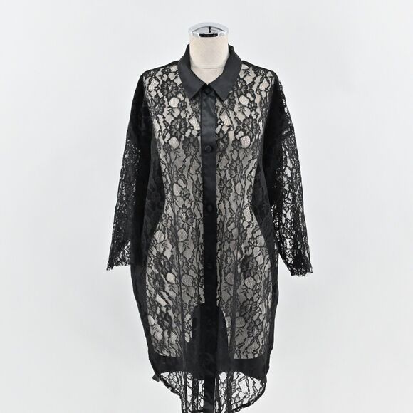 Vtg VICTORIAS SECRET Gold Label Dress Size M/L Black Satin Sheer Floral Lace 80s - Picture 1 of 12